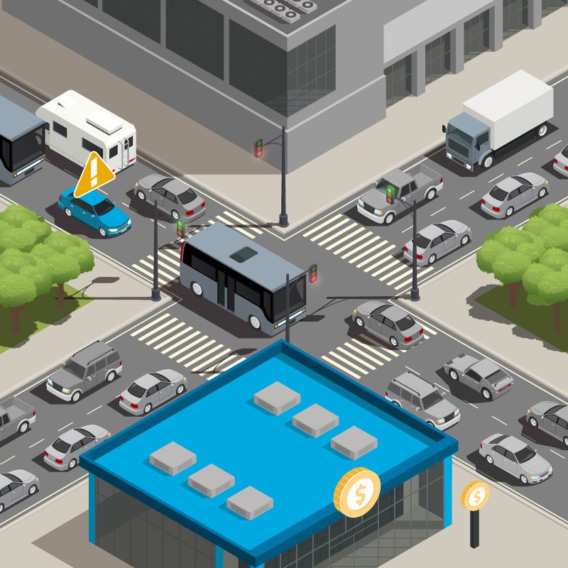 Illustration einer städtischen Kreuzung: Auf allen vier Straßen staut sich der Verkehr und ein Fahrzeug wartet auf die Überquerung der Kreuzung. 