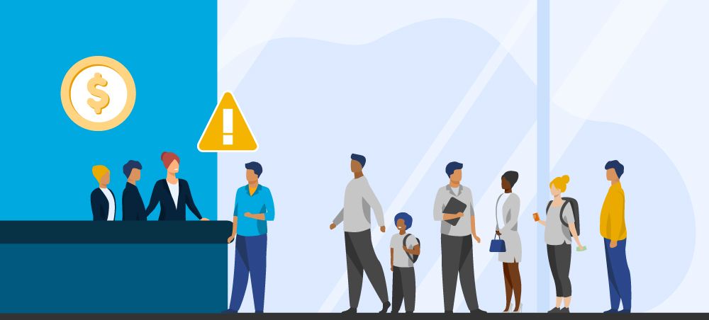 Illustration von Menschen, die hinter einem Kunden an einem Bankschalter Schlange stehen, während alle Bankangestellten einen Kunden bedienen. 