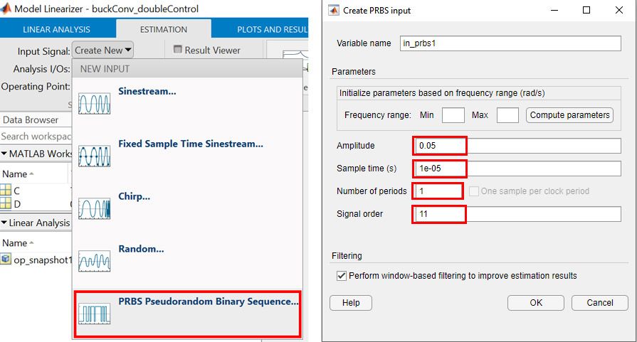 Figure 5. Input Signal creation (left) and parameter selection (right) for the P B R S input signal to be used during the F R E experiment.