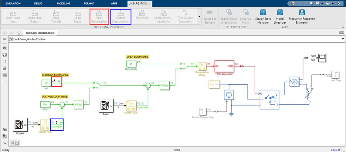 Figure 10. Linearization I / O s specified in the current-loop buck converter model from the Linearization Manager toolstrip.