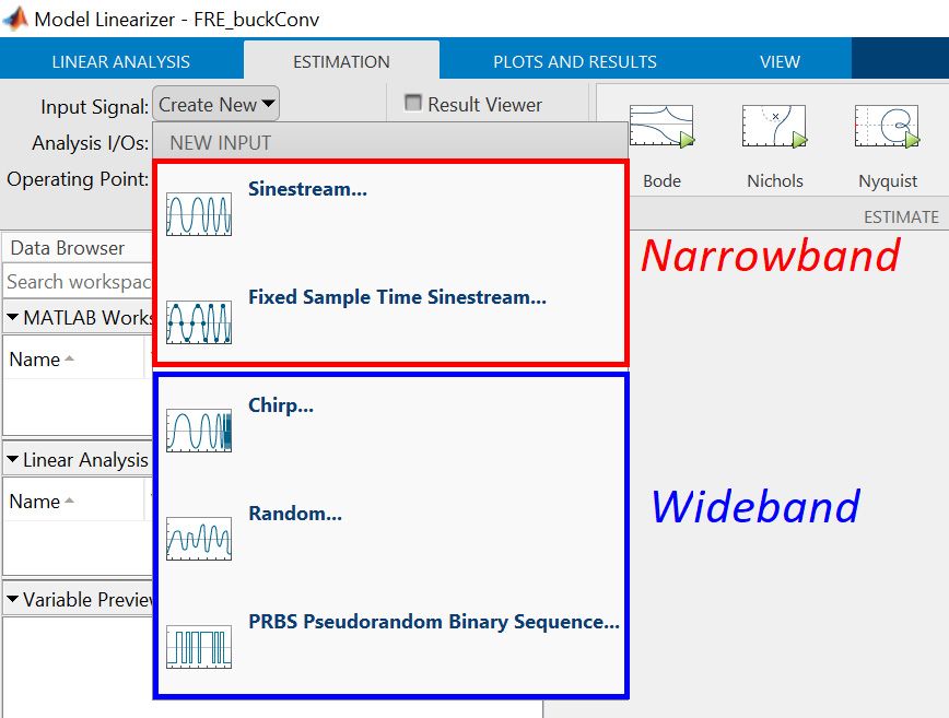 Figure 1. Perturbation signals available in the Estimation tab of the Model Linearizer in Simulink Control Design.