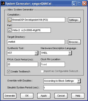 Abb. 5. GUI zur automatischen Hardwaregenerierung des System Generator.