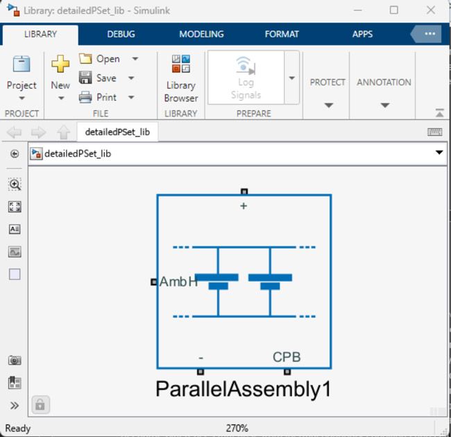 Ein Screenshot von Simulink, der ein Modell für das Parallel Assembly-Batteriemodul unter Verwendung von About:Energy-Blöcken zeigt.