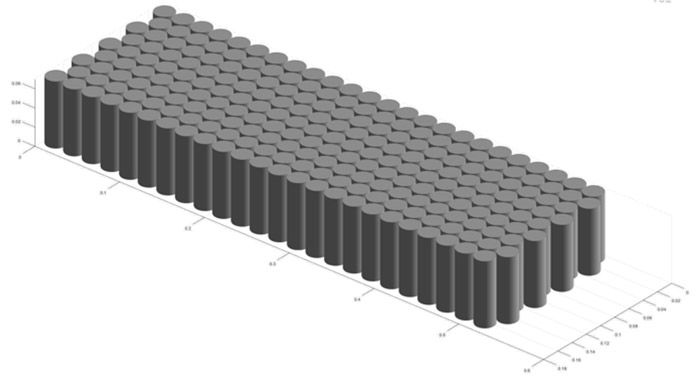 Eine Simscape Visualisierung, die die in einem 3D-Raum für ein Modul positionierten Batteriezellen zeigt.