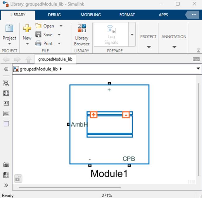 Ein Screenshot von Simulink, der ein Modell für ein Batteriemodul unter Verwendung von About:Energy-Blöcken zeigt.