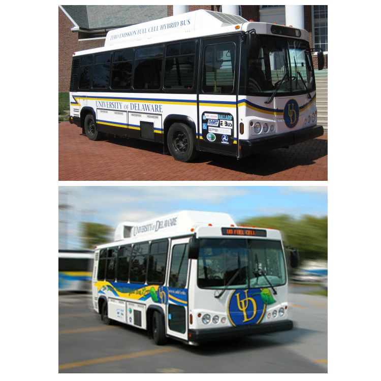 Ein Brennstoffzellen-Hybridbus der Phase 1 und ein Brennstoffzellen-Hybridbus der Phase 2 der University of Delaware fahren auf dem Campus.