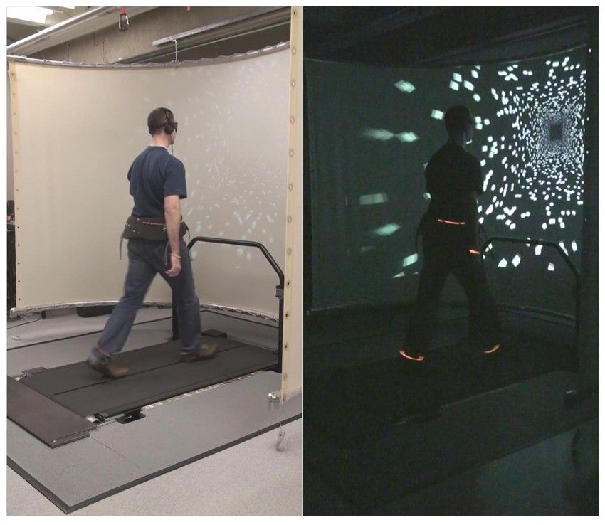 The experimental setup with lights turned on to show the treadmill and projection screen (left) and with lights turned off to show the virtual hallway (right).