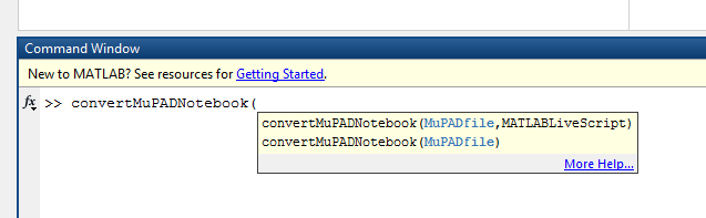 Converting a MuPAD Notebook (top, left) to a live script (top, right) using the convertMuPADNotebook function (bottom).