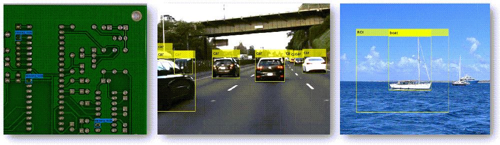 Images of a circuit board, highway scene, and boats on open water with objects detected and labeled.
