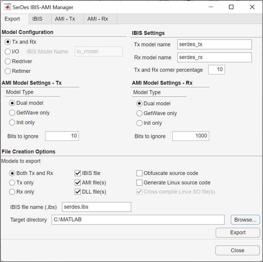 Screenshot des SerDes IBIS-AMI Manager in SerDes Toolbox zum Exportieren eines IBIS-AMI-Modells.