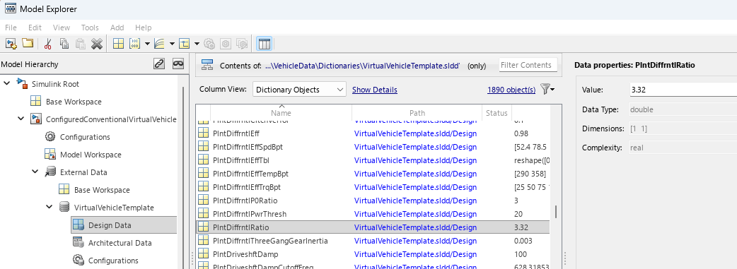 Model explorer with data dictionary parameter PlntDiffrntlRatio set to 3.32.