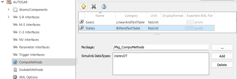 CompuMethod tab is expanded in the AUTOSAR Dictionary, with the States CompuMethod selected.