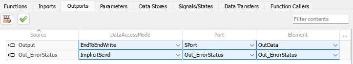 The Outports tab of the Code Mappings editor. The DataAccessMode of the Out_ErrorStatus is set to ImplicitSend. The element and port are Out_ErrorStatus.