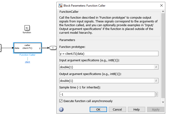 Configure a Function Caller block in the function-call subsystem to execute asynchronously by selecting "Execute function call asynchronously".