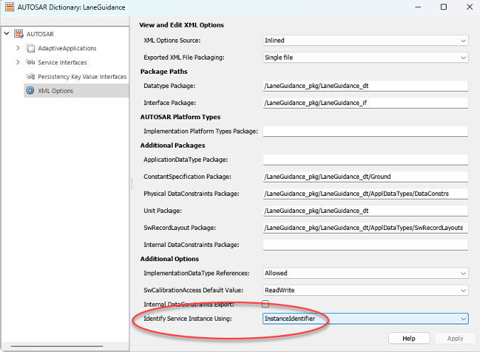 AUTOSAR Dictionary shows XML option "Identify Service Instance Using" specifying Instance Identifier.