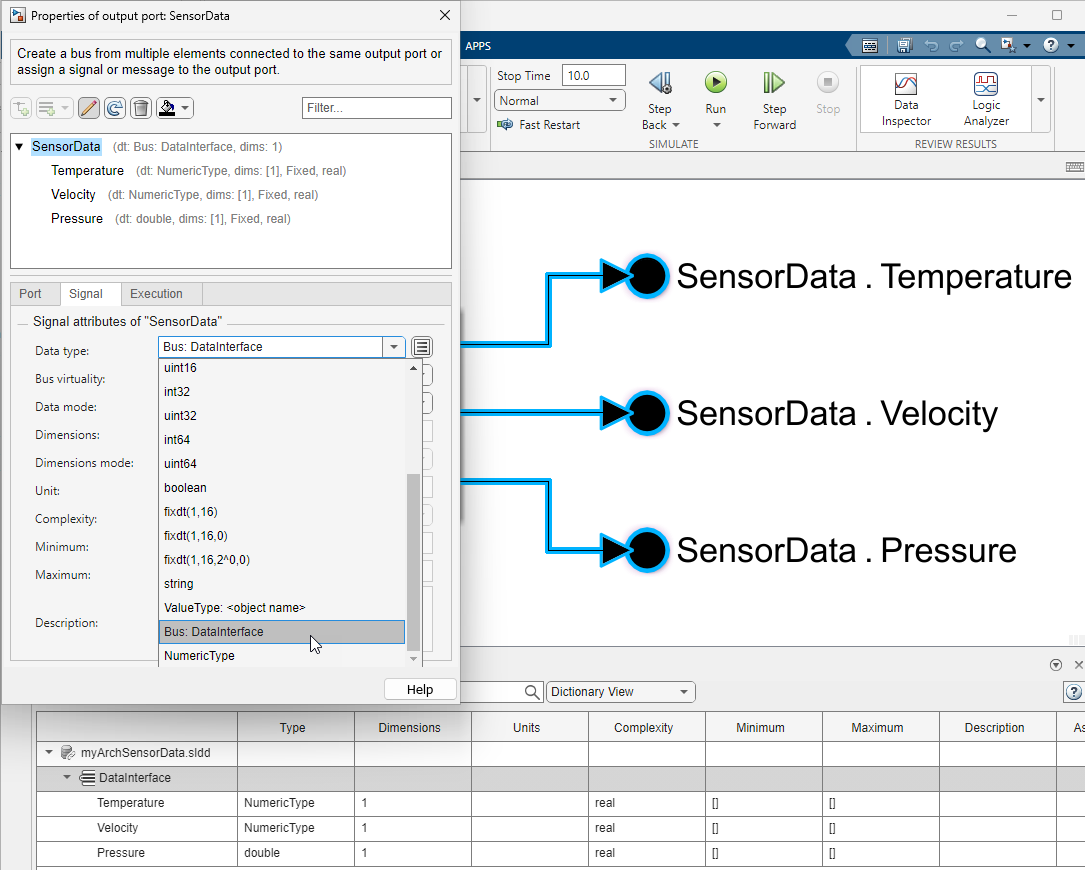 Port properties dialog box. Port SensorData is typed with a bus object defined by architectural data interface DataInterface.