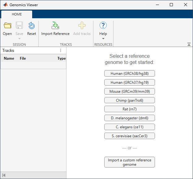 Genomics Viewer app showing the welcome screen with a list of reference genomes to select