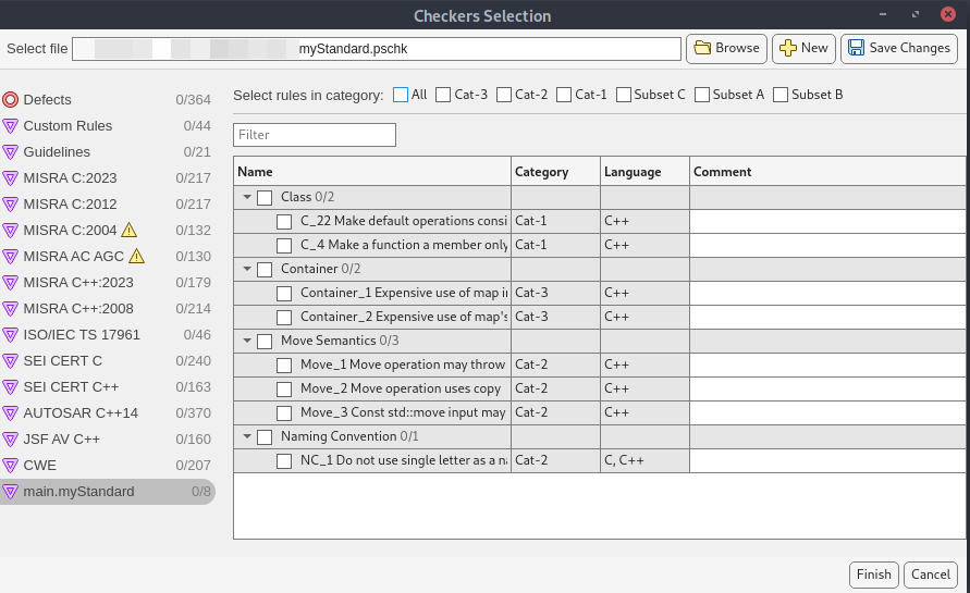 The Checkers Selection window showing the user-defined coding standard.
