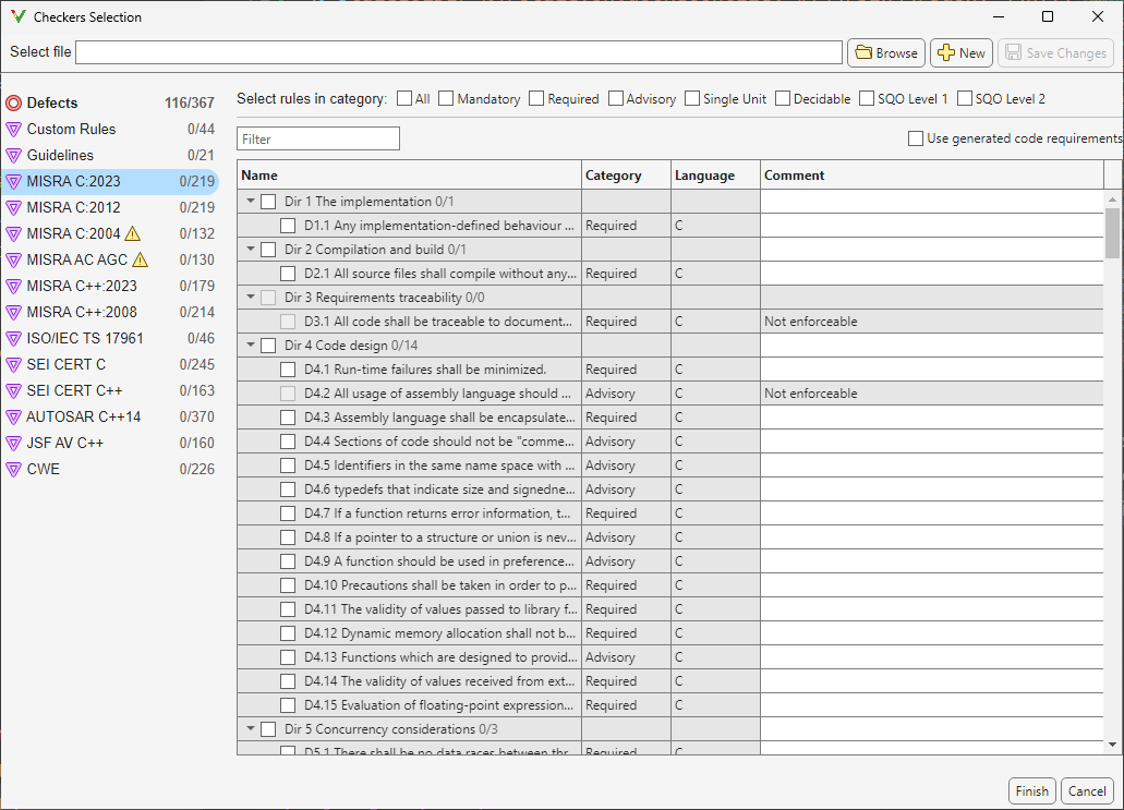 A snapshot of the Findings selection window.