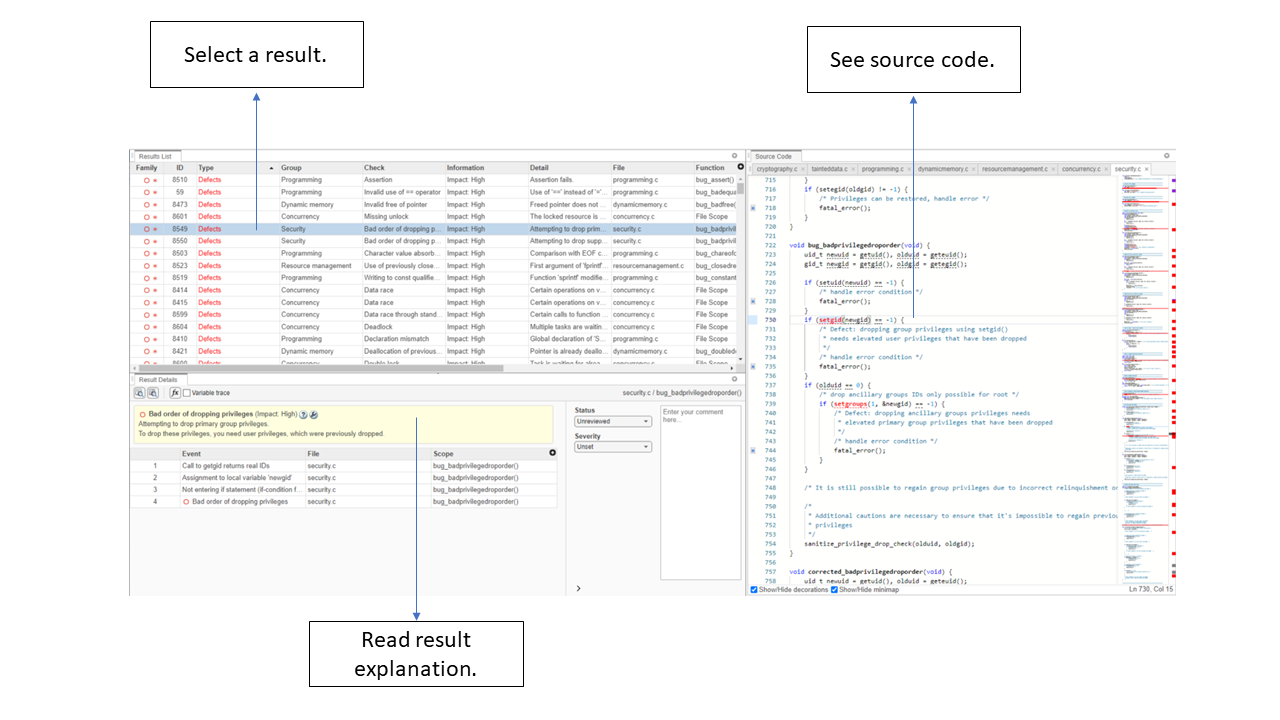 Results List, Result Details, and Source code panes of Polyspace showing a Polyspace Bug Finder result.