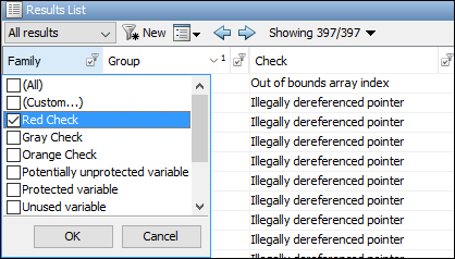 Click the filter icon on results list columns to narrow down to specific types of results.