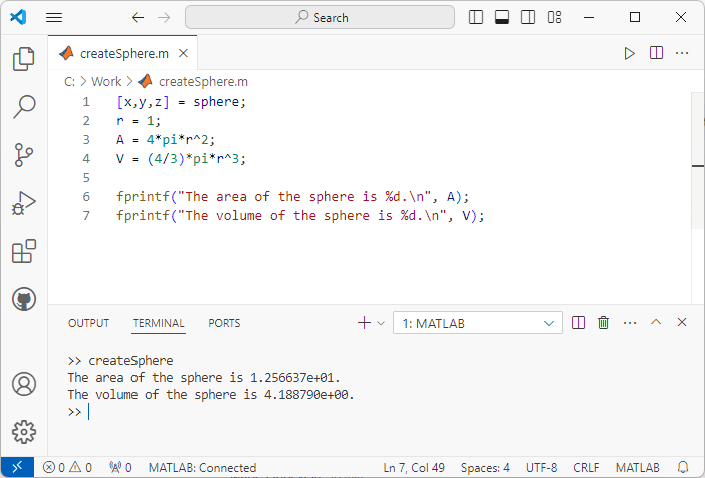 MATLAB function file createSphere.m open in Visual Studio Code with the output of the function displayed in a terminal window below the file