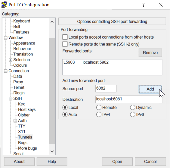 PuTTY Configuration window. Fill in the Source port and Destination fields, and click Add to set up an SSH tunnel.