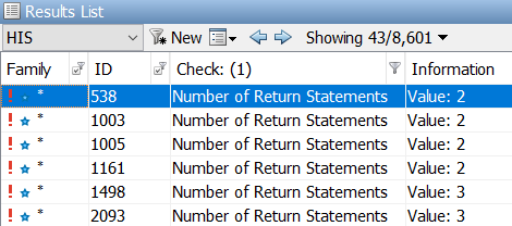 Code metrics that violate thresholds are shown with a red exclamation mark when you select the HIS scope.