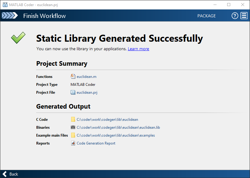 Finish Workflow page of the MATLAB Coder app