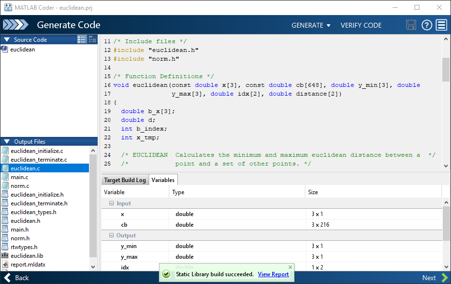 Generate Code page of the MATLAB Coder app, showing successful generation of Static Library and a link to the code generation report