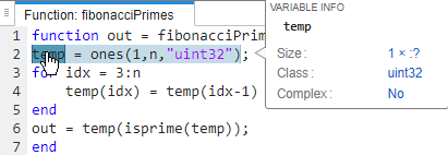 Code generation report, showing size of variable temp