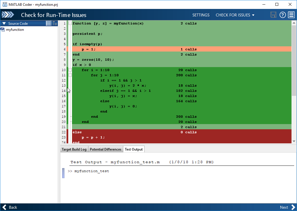 App editor window, showing color coding representing line execution counts in the Code Analyzer