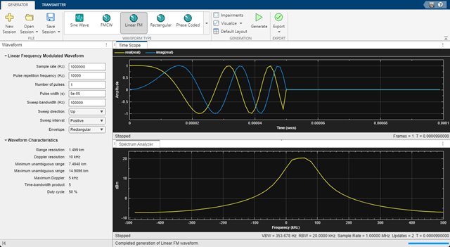 Wireless Waveform Generator app display of Linear FM waveform with default settings.