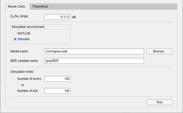 Monte Carlo tab of BER Analysis app configured to run default Simulink model.