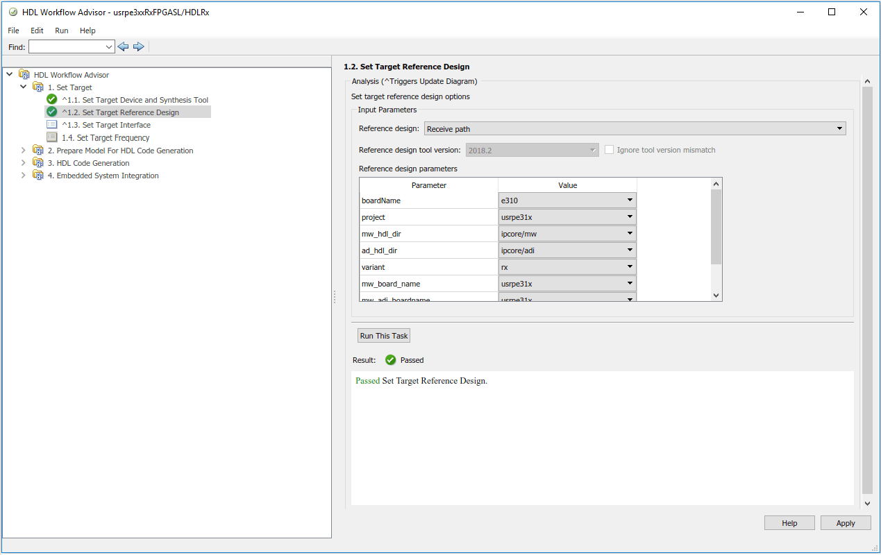 HDL workflow advisor window with set target reference design selected