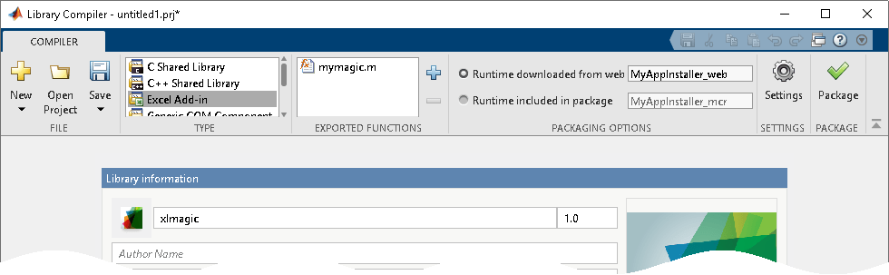 Library Compiler with Excel Add-in type selected and mymagic.m in the exported function section