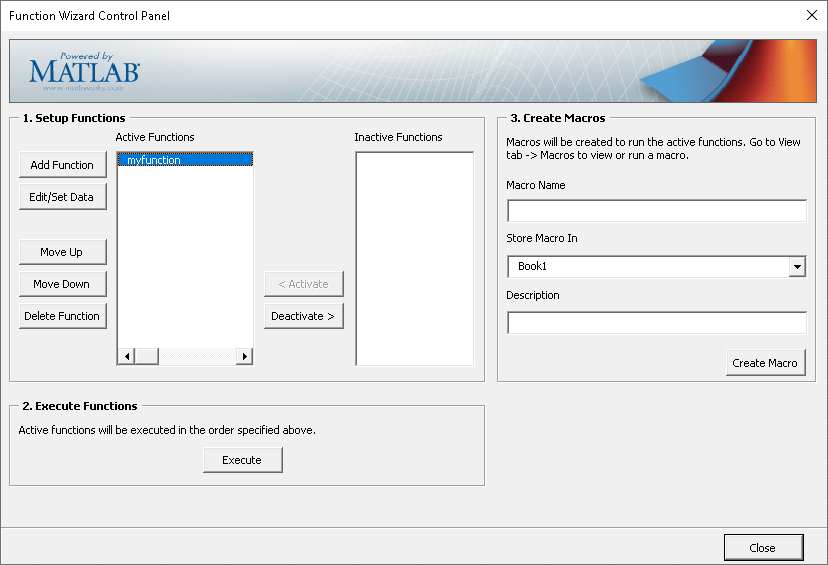 The Function Wizard Control Panel with myfunction in the Active Functions list