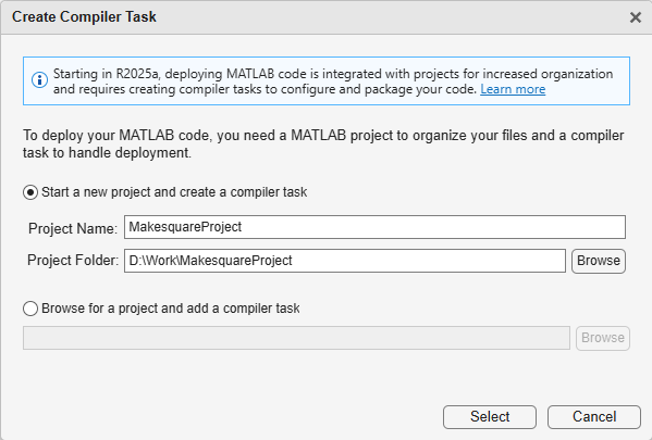 Create compiler task dialog box with the text 'compiler tasks must be associated with a MATLAB project. Projects can help you organize code and other development content.' The option 'Add compiler task to new project' is selected.