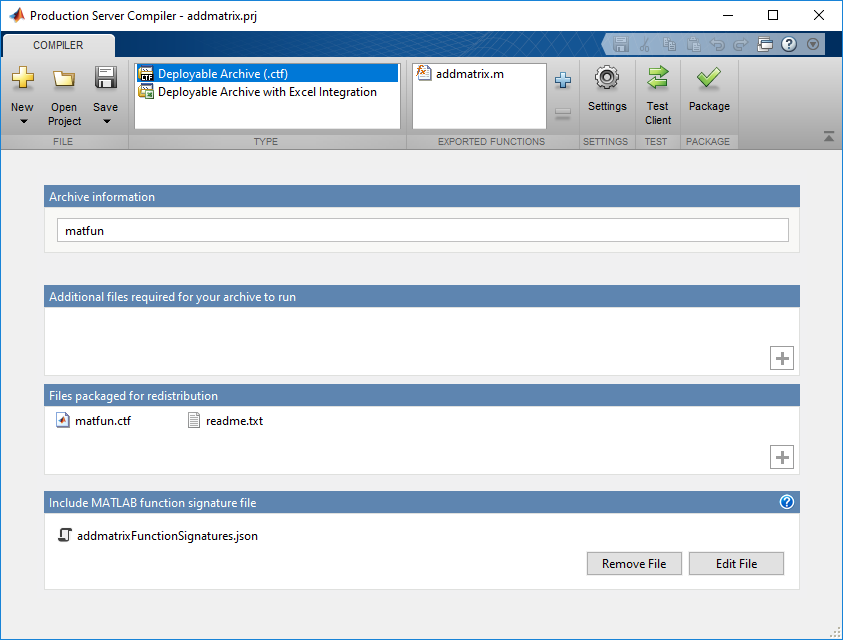 Production Server Compiler with Deployable Archive (.ctf) type selected and addmatrix.m in the exported functions section