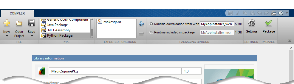 Library Compiler app toolstrip, with function makesqr.m and application name MagicSquarePkg