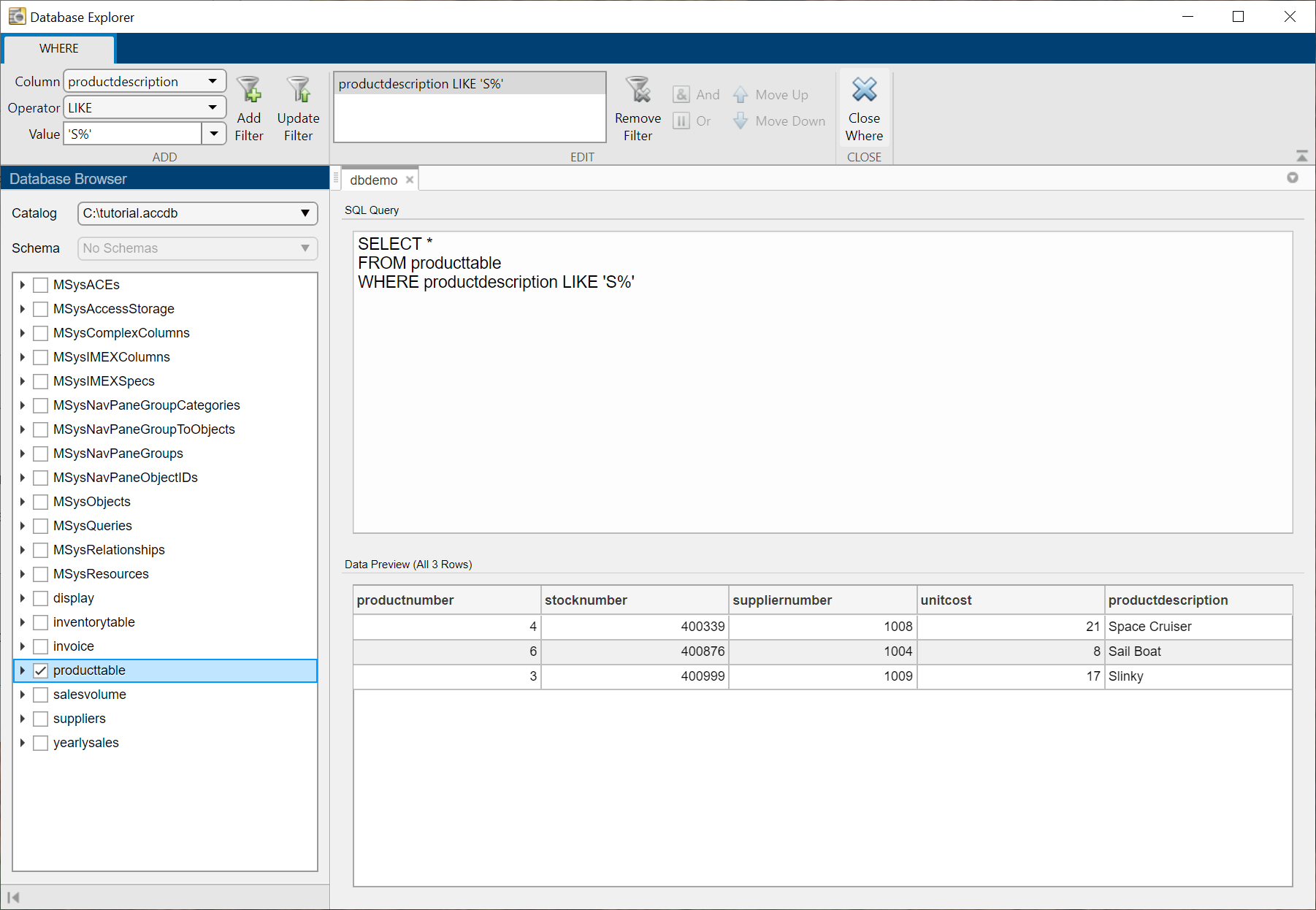 The Database Browser pane shows the selected table productTable in the Database Explorer app. The SQL Query pane shows the SQL SELECT statement to select all data in the table where the productdescription column starts with S. The Data Preview pane displays the three returned rows of data.