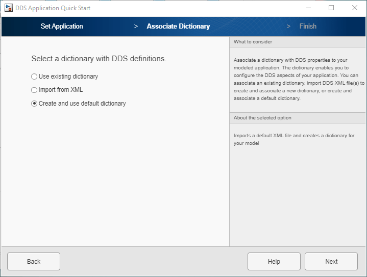 Dialog box showing the Associate Dictionary options of the DDS Application Quick Start.