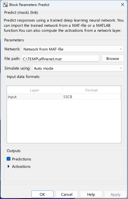 Screenshot of Predict Block Parameters window. The "Network" parameter is "Network from MAT-file". The "File path" parameter is a path to the MAT file "affinenet.mat".