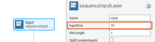 Sequence input layer selected in Deep Network Designer. The Properties pane shows InputSize set to 10.