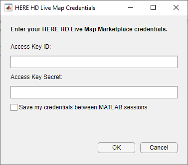 HERE HD Live Map Credentials dialog box