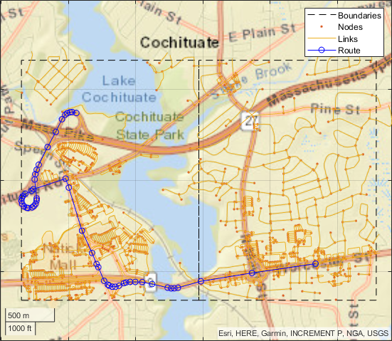 The road topology plot with the route overlaid on top of it