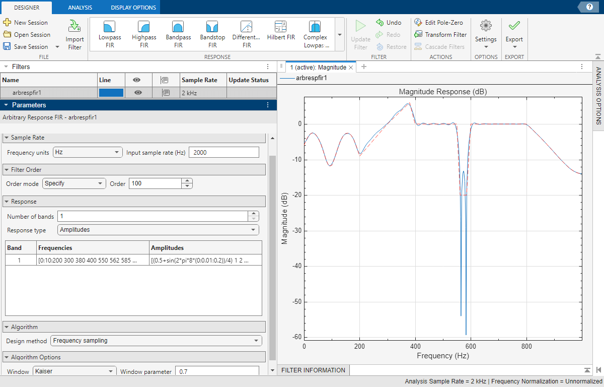 Hilbert FIR filter design using Filter Designer app
