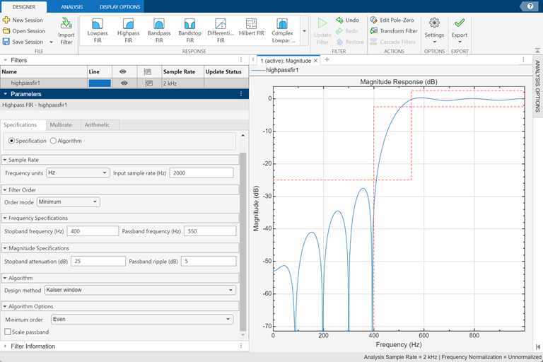 Highpass FIR filter design using Filter Designer app