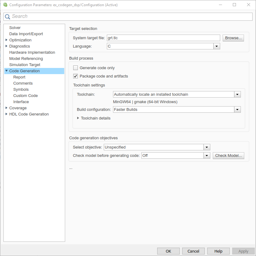 Snapshot of the Code Generation pane under the model configuration parameters. Under Target selection, System target file is set to grt.tlc, language is set to C. Under Build process, Generate code only parameter is not selected, Package code and artifacts parameter is selected, Toolchain is set to Automatically locate an installed toolchain, and Build configuration is set to Faster Builds. Under Code generation objectives, Select objective is set to Unspecified and Check model before generating code is set to Off.