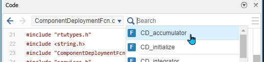 The string CD_integrator appears in the Code view search field and the response shows that Code view found an instance of the function name CD_integrator.